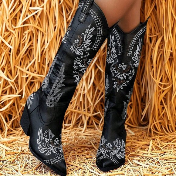 Black Western Women's Cowgirl Boots Pointed Toe Embroidered Thick Heels Knee Hig - Picture 3 of 7